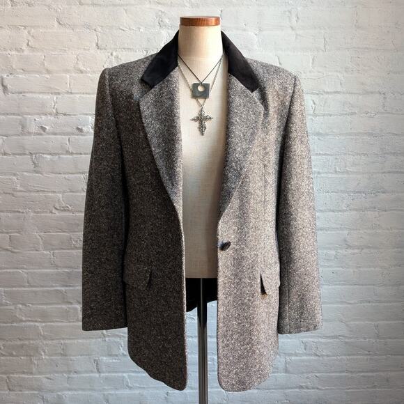 Vintage Gray Wool Blazer Tweed Herringbone Preppy Minimalist Velvet Jacket Large - Picture 4 of 10